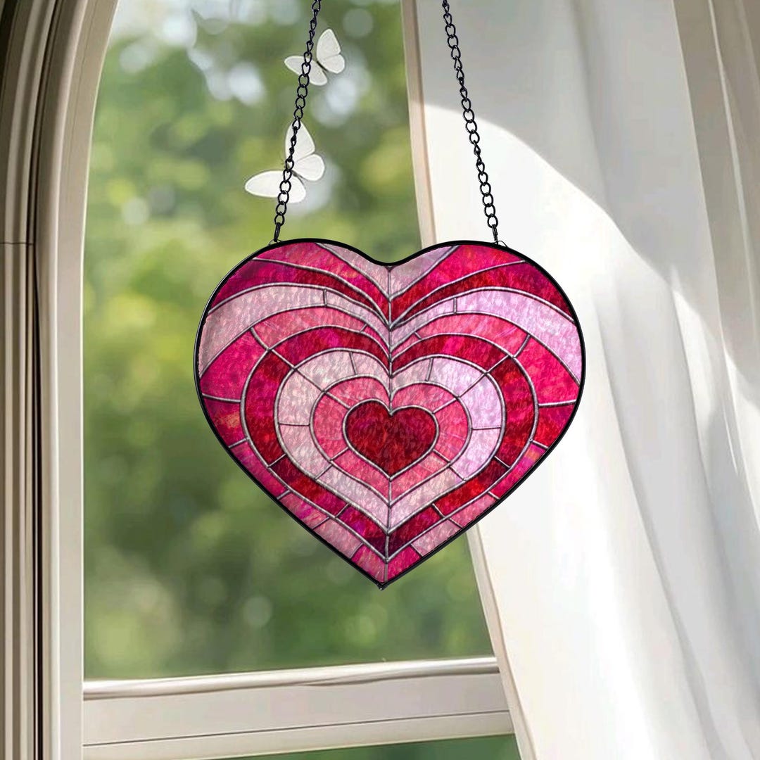 Pink Heart Window Heart Stained Glass Suncatcher, Pink Heart Window Hanging Decor ...