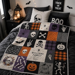 Personalized Skeleton Family Name Halloween Quilt, Custom Gothic Skull Patchwork Throw Blanket, Spooky Fall Bed Cover Decor, GIFT 2026