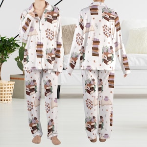 Book Lover Satin Pajamas Set For Women, Cozy Reading Sleepwear With Stacked Books Flowers And Coffee Cup Print, Unique Gift For Her