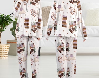 Book Lover Satin Pajamas Set For Women, Cozy Reading Sleepwear With Stacked Books Flowers And Coffee Cup Print, Unique Gift For Her
