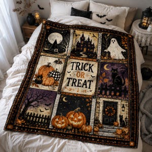 Vintage Halloween patchwork deken, Trick or Treat spookhuis deken, zwarte kat spook bedsprei decoratie, CADEAU 2026