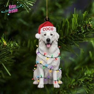 Great Pyrenees Christmas Tree Ornament, White Fluffy Dog with Santa Hat & Festive Lights, Custom Dog Lover Gift, Personalized Memorial