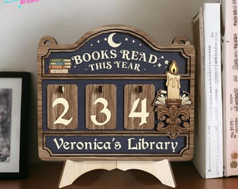 Dark Academia Wooden Reading Meter – Layered Wood Book Counter Sign, Library Decor