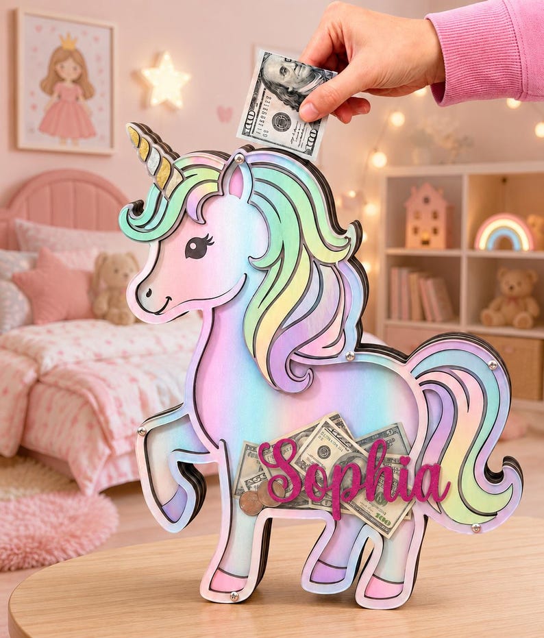 Pu&ograve; includere: Un salvadanaio a forma di unicorno dai colori pastello, con criniera e coda arcobaleno. C'&egrave; il nome "Sophia". Una mano inserisce una banconota da 100 dollari. Il salvadanaio &egrave; in legno.