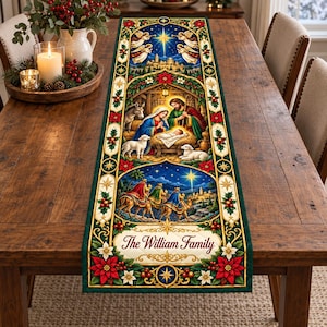 May include: A rectangular table runner featuring a nativity scene with Mary, Joseph, and the infant Jesus, topped by angels and a star. Below, three wise men on camels travel toward a town. The text reads The William Family in script.