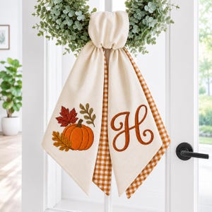 Custom Monogram Pumpkin Wreath Sash, Personalized Fall Door Decor, Autumn Thanksgiving Accent