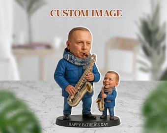 Gepersonaliseerde acrylblok vader zoon saxofoon beeldje, aangepaste foto muziek cadeau voor papa, 2D plat Vaderdag bureau aandenken decor