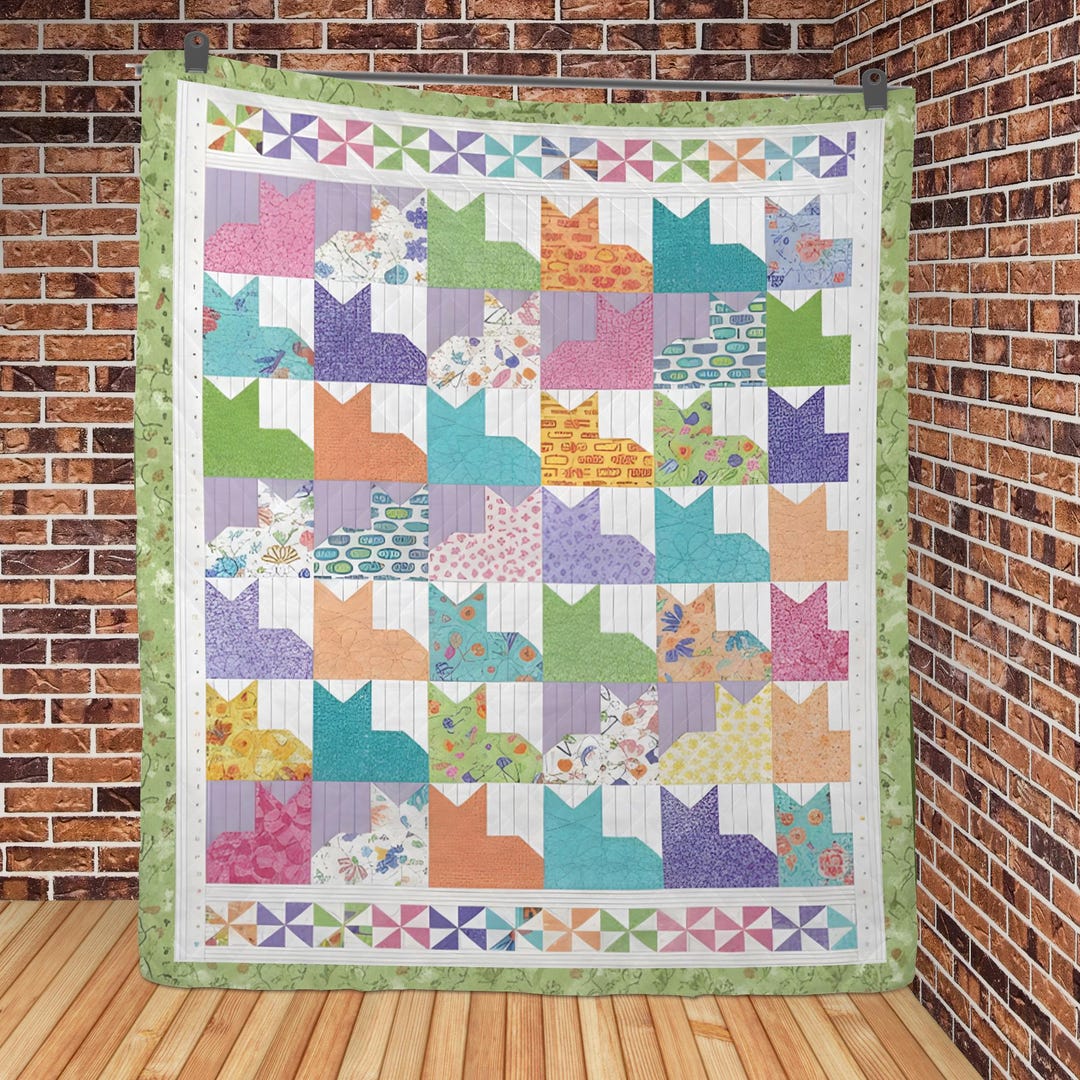 Pastel Cat Quilt Blanket: Geometric Kitten Animal Bedspread, Cozy ...