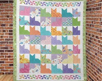 Pastel Cat Blanket Geometric Kitten Quilt Colorful Animal Bedspread Cute Feline Throw Gift For Her Funny Pet Lover Decor Nursery Bedding
