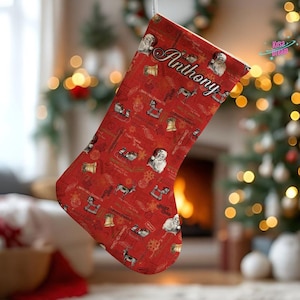 Personalized Christmas Stocking Red, Vintage Santa and Reindeer Print, Custom Xmas Mantle Decor, Traditional Large Family Holiday Gift