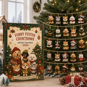 Puede incluir: Un calendario de adviento rectangular titulado Furry Festive Countdown 2026 con ilustraciones de perros y gatos con jerséis navideños, junto a un árbol de Navidad decorado con veinticuatro pequeños adornos de animales en cuerdas.