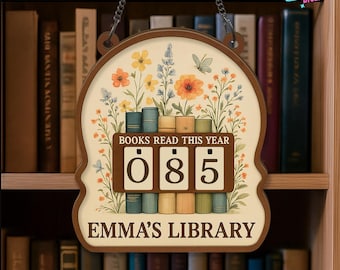 Cottagecore Floral Book Counter, Personalized Reading Tracker, Custom Library Name Sign, Gift For Reader Bookworm, Bookish Wall Hanging