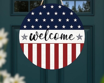 Rustic American Flag Welcome Door Sign – Patriotic Wood Decor Plaque