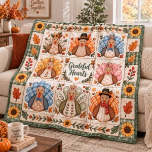 May include: A quilted throw blanket featuring a grid pattern with illustrations of turkeys in various outfits, sunflowers, and autumn leaves. The centre square displays the text Grateful Hearts. The border has a green and white checkered pattern.
