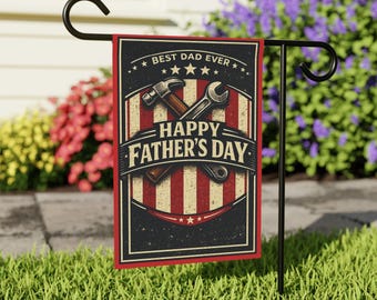 Feliz Día del Padre Bandera de jardín El mejor papá del mundo Decoración patriótica vintage para exteriores Herramientas de manitas Martillo Llave inglesa Pancarta de jardín Regalo de hija
