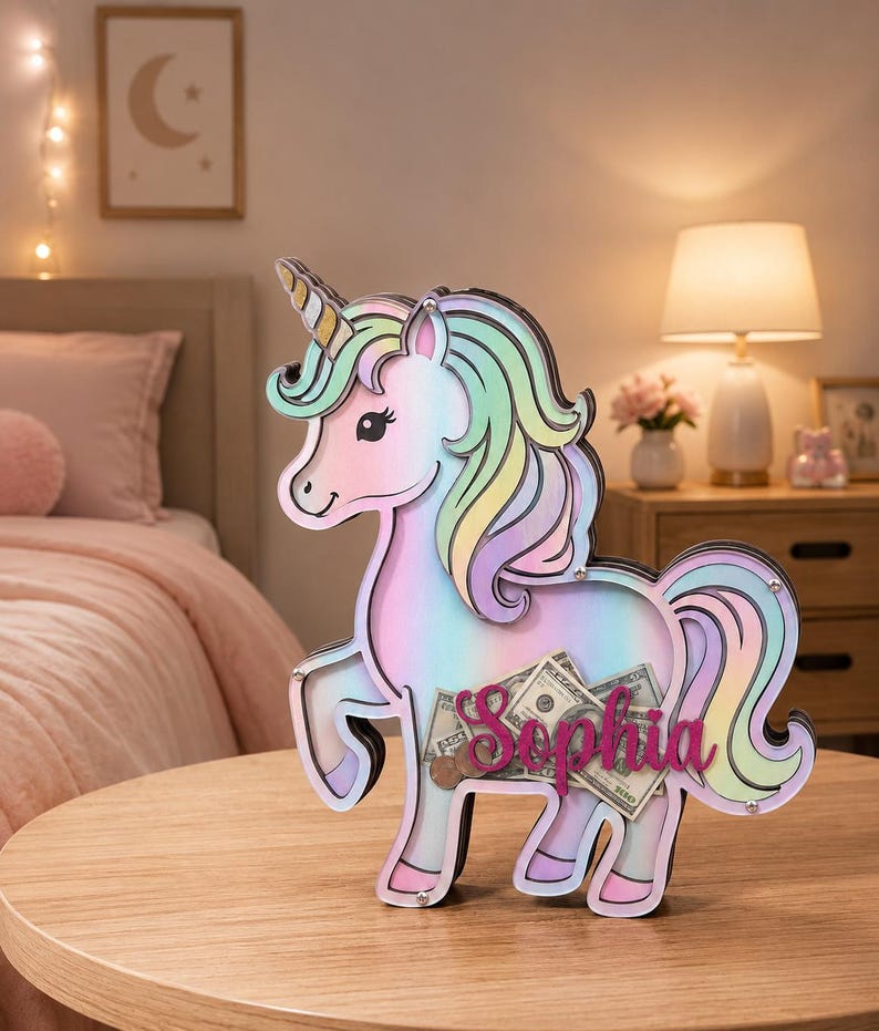 Pu&ograve; includere: Un salvadanaio a forma di unicorno dai colori pastello, con criniera e coda arcobaleno. Il salvadanaio contiene denaro e ha il nome "Sophia". Il salvadanaio &egrave; fatto di legno e poggia su un tavolo di legno.