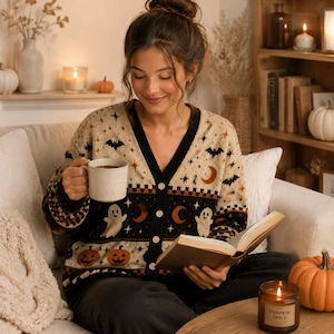 May include: A beige and black V-neck cardigan featuring a repeating pattern of white ghosts, orange jack-o'-lanterns, brown crescent moons, black bats, and small stars. The garment has a button-down front with light-colored buttons and ribbed trim.
