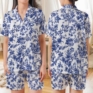 Blue Floral Satin Pajama Set For Women Short Sleeve Sleepwear Soft Silky Loungewear Summer Pjs Button Up Top And Shorts Elegant Nightwear