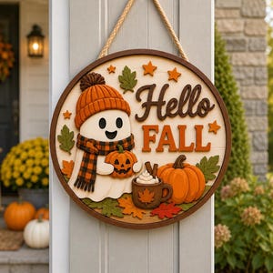 May include: A round wooden wall sign featuring a white ghost wearing an orange knit hat and a plaid scarf, holding a small pumpkin. The sign displays the text Hello FALL in brown and orange, with a brown mug of cocoa and a large orange pumpkin.