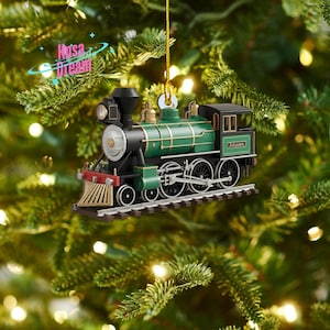 Personalized Train Ornament, Custom Family Name Christmas Keepsake, Vintage Steam Locomotive Decor, Train Lover Conductor Gift For Him Boys