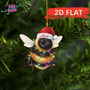 Enfeite de Natal personalizado com abelha, nome personalizado, gorro de Papai Noel, decoração inspirada em abelhas, ideia de presente de Natal para amantes da natureza e do Ano Novo.