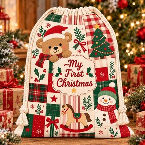 Baby First Christmas Santa Sack, Patchwork Drawstring Holiday Present Bag 2026