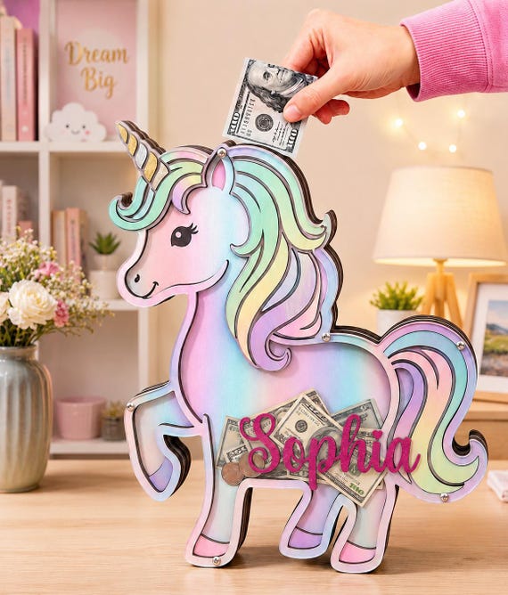 Custom Unicorn Piggy Bank, Rainbow Money Holder, Kids Savings Bank, Nursery Decor