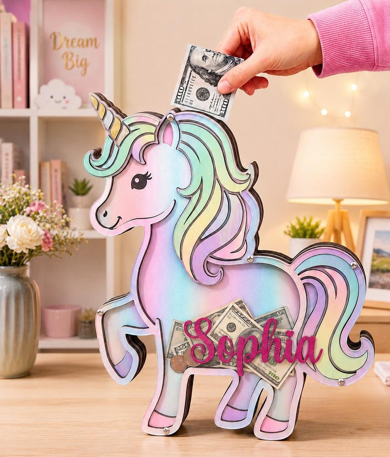 Pu&ograve; includere: Un salvadanaio in legno a forma di unicorno dai colori pastello, con corno, criniera e coda nelle tonalit&agrave; del rosa, blu, giallo e verde. Il salvadanaio ha una fessura sulla parte superiore per inserire il denaro e il nome "Sophia" &egrave; visualizzato sulla parte anteriore. Una mano inserisce una banconota da 100 &euro;.