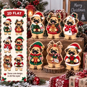 May include: A collection of six wooden pug ornaments featuring various Christmas costumes including Santa, reindeer, snowman, and elf outfits. Each pug is depicted in a 2D flat style with festive accessories like gingerbread cookies, candy canes, and wreaths.