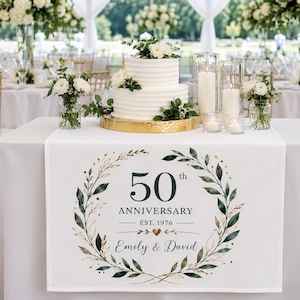 Custom Anniversary Table Runner, Gold Green Floral 50th Wedding Party Linen