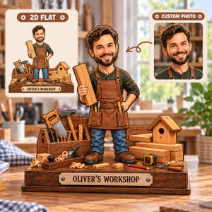 May include: A custom bobblehead figurine of a bearded woodworker wearing a brown apron and blue jeans, holding a wooden plank. The base features a toolbox, a birdhouse, and a plaque reading OLIVER'S WORKSHOP, with an inset 2D flat design view.