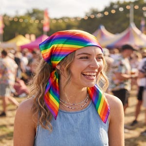 May include: A rainbow-striped silk scarf tied around the head. The scarf features vibrant bands of color and is worn with a denim top. The image is taken outdoors with a crowd and tents in the background.