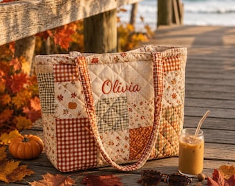 Personalized Fall Quilted Tote Bag, Custom Name Patchwork Gingham Autumn Shoulder Bag, Floral Pumpkin Travel Handbag, GIFT 2026