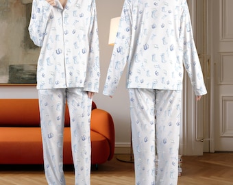 Pijama vaquero de satén para mujer, conjunto de ropa de dormir vaquera azul con estampado de herraduras, ropa de estar acogedora estilo country western.