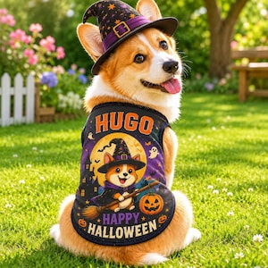 May include: A Corgi dog wearing a black witch hat with a purple band and a black sleeveless shirt featuring a graphic of a Corgi witch, a broomstick, a pumpkin, and the text HUGO HAPPY HALLOWEEN in orange and white letters against a purple background.