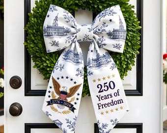 USA 250th Anniversary Wreath Sash, Blue Toile Patriotic Door Hanger, Semiquincentennial Decor
