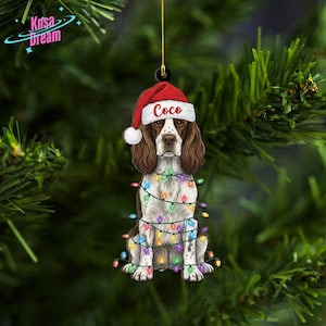 Springer Spaniel Christmas Tree Ornament, Liver and White Dog with Santa Hat & Festive Lights, Custom Dog Lover Gift, Personalized Memorial