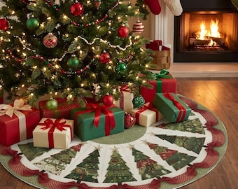 Unique Patchwork Xmas Tree Skirt, Classic Red And Green Christmas Decor, Rustic Farmhouse Holiday Base Cover, Festive Winter Decoration