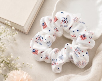 USA 250 Satin Scrunchie, Patriotic Red White Blue Hair Tie, Firework Print Hair Accessory, Fourth Of July Party Favor Gift For Women