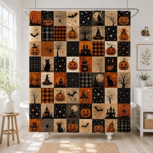 Vintage Halloween Patchwork Shower Curtain, Spooky Pumpkin Black Cat Bath Decor, Country Farmhouse Gothic Bathroom Decor, GIFT 2026