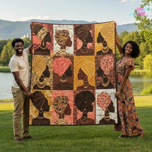 May include: A rectangular quilt featuring a grid of twelve portraits of individuals wearing headwraps in shades of brown, gold, red, and cream. Each portrait is framed in a square block with intricate patterns and gold-toned jewelry accents.