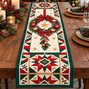 Quilted Christmas Table Runner, Holiday Patchwork Star Wreath Dining Decor 2026