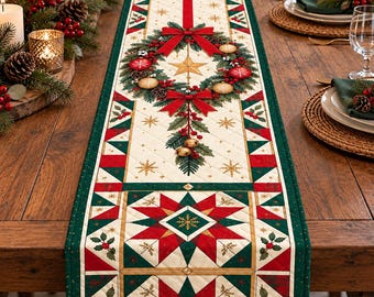 Quilted Christmas Table Runner, Holiday Patchwork Star Wreath Dining Decor 2026
