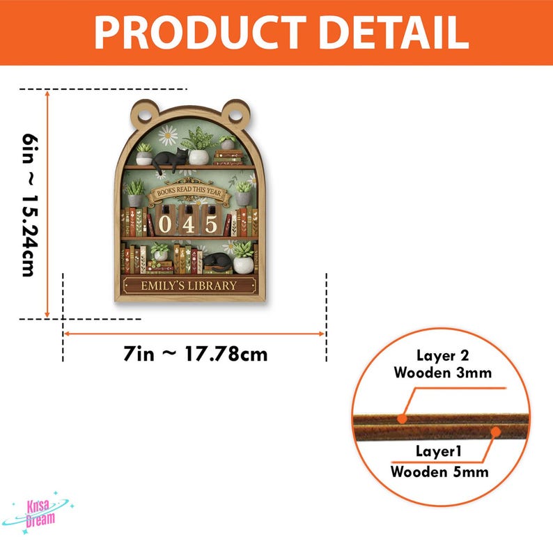 May include: Wooden bookshelf-shaped wall decor, 6 inches tall and 7 inches wide. Features a miniature library scene with books, plants, and sleeping cats. Includes the text "BOOKS READ THIS YEAR" and "EMILY'S LIBRARY".