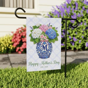 Personalized Mother's Day Garden Flag Hydrangea Chinoiserie Vase Decor Custom Name Initial Flower Yard Sign Mom Grandma Gift Est 2026