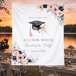 Modello di cartello di benvenuto per la festa di laurea, striscione personalizzato "Classe del 202X", sfondo floreale per la laurea, decorazione stampabile per la laurea.