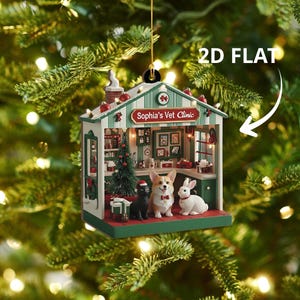 Adorno navideño de clínica veterinaria en miniatura, regalo personalizado para veterinarios o amantes de las mascotas.
