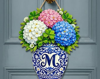 Monogram Hydrangea Door Hanger: Chinoiserie Ginger Jar Decor