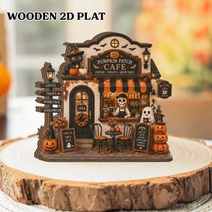Halloween Pumpkin Patch Cafe Wooden Block Decor, Spooky Coffee Shop Shelf Sitter