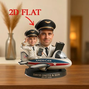 May include: A decorative figurine depicting a father and son in pilot uniforms, seated in a model airplane. The figurine has the text "AMERICAN" on the plane and "DAVID SMITH & SON PILOT DUO" on the base. The father holds a calculator.